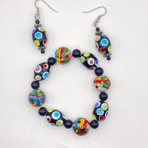 Artisan Handmade Lampwork Glass Bead Bracelet and Earrings Set Black Colorful